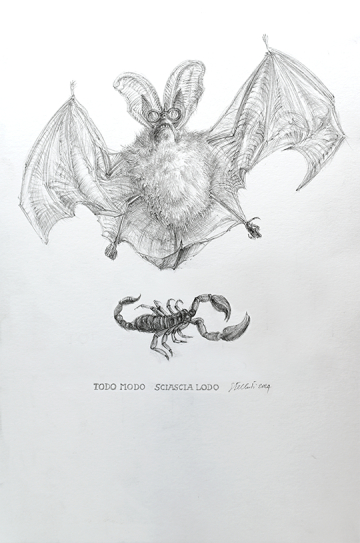 Roberto Stelluti, Todo modo Sciascia lodo. Pipistrello con gli occhiali e scorpione, 2024. Matita su carta, 200 x 230 mm (per gentile concessione dell’artista)